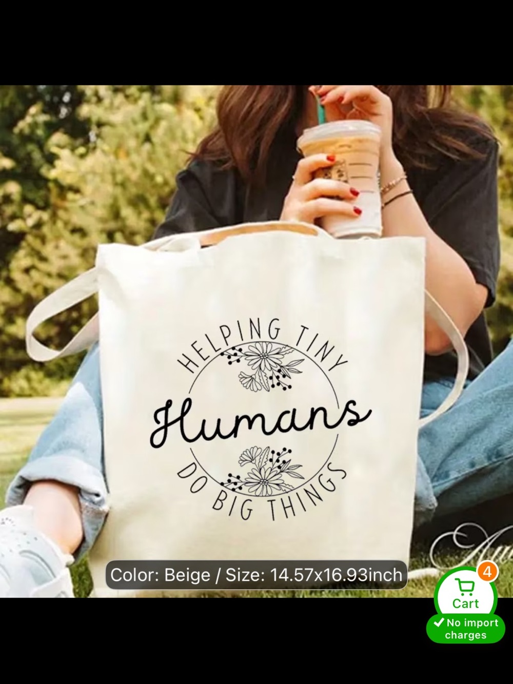 Beige 'Helping Tiny Humans' Cotton Tote Bag